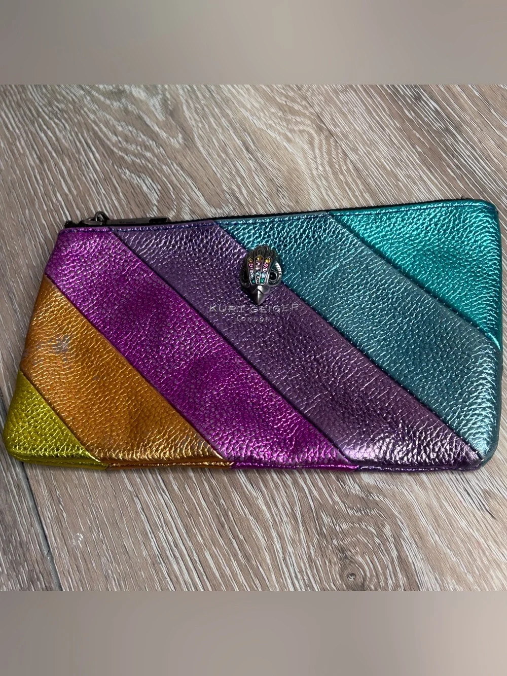 Kurt Geiger Metallic Rainbow Leather Pouch & Wallet Set - Teal, Purple, Gold